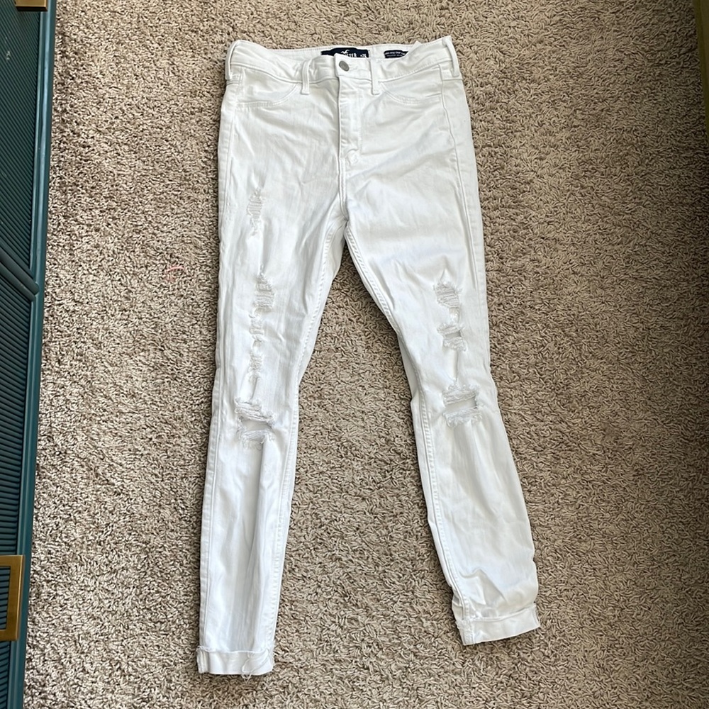 Hollister white skinny jeans with rips